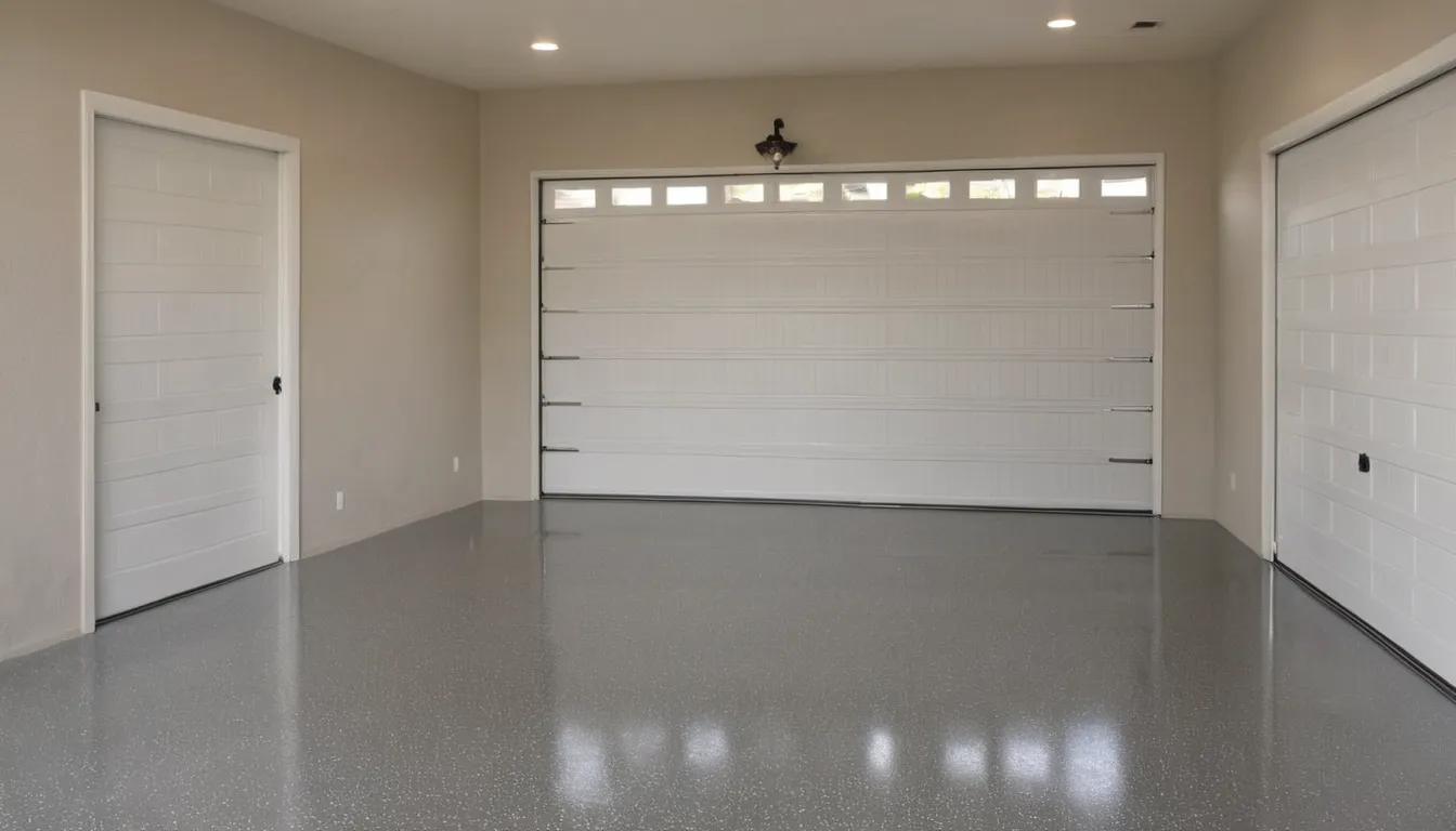 Freshly coated epoxy garage floor with flake finish in a stucco home near Woodside