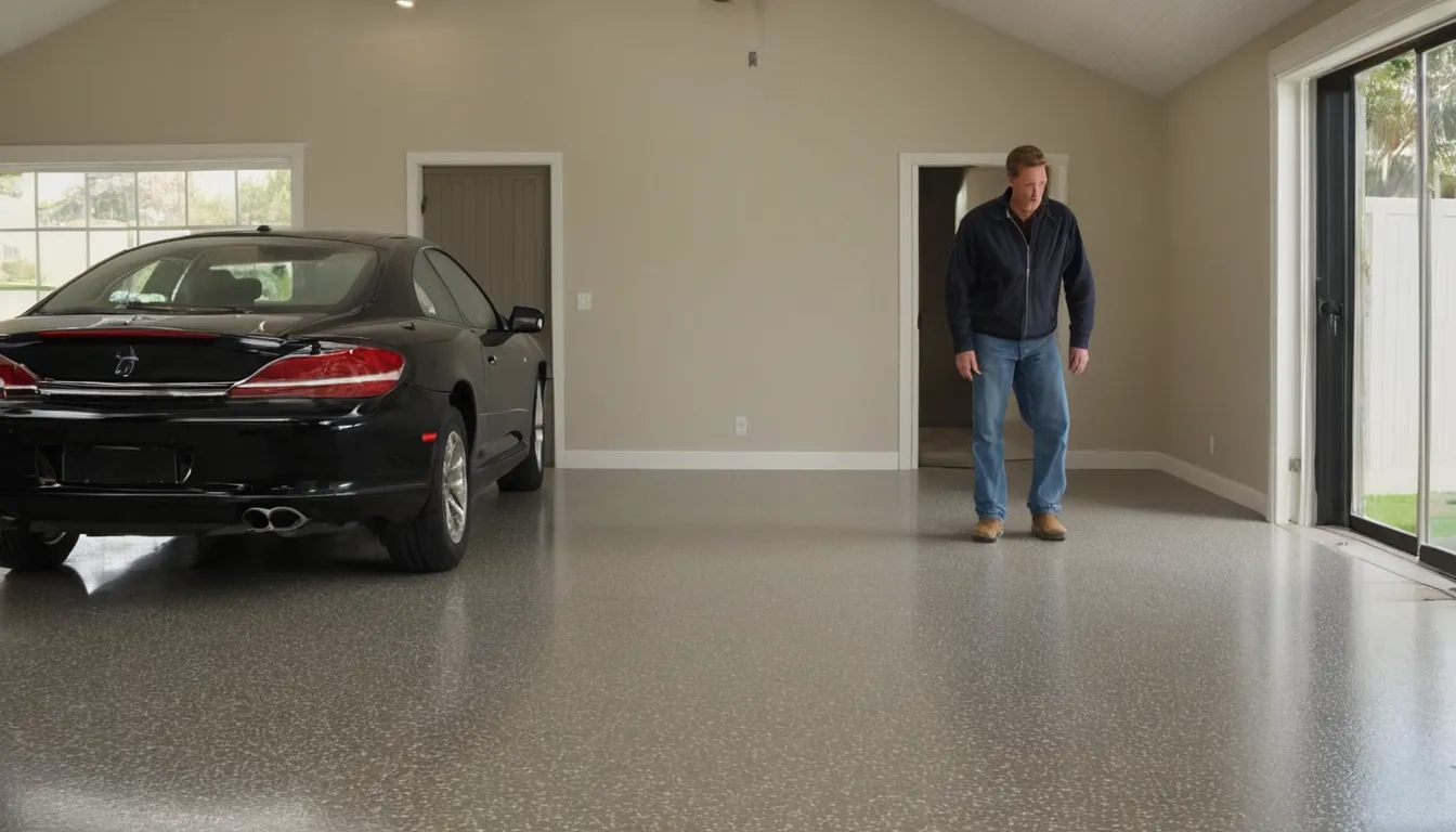 Polyaspartic-coated garage floor with a flake finish in a home in the Woodside area